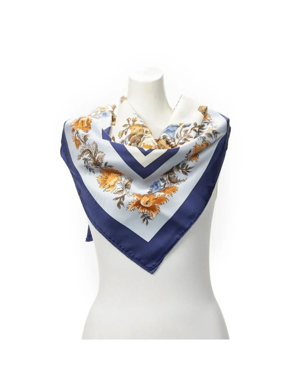 Hermes Scarf Blue Ivory Orange Silk